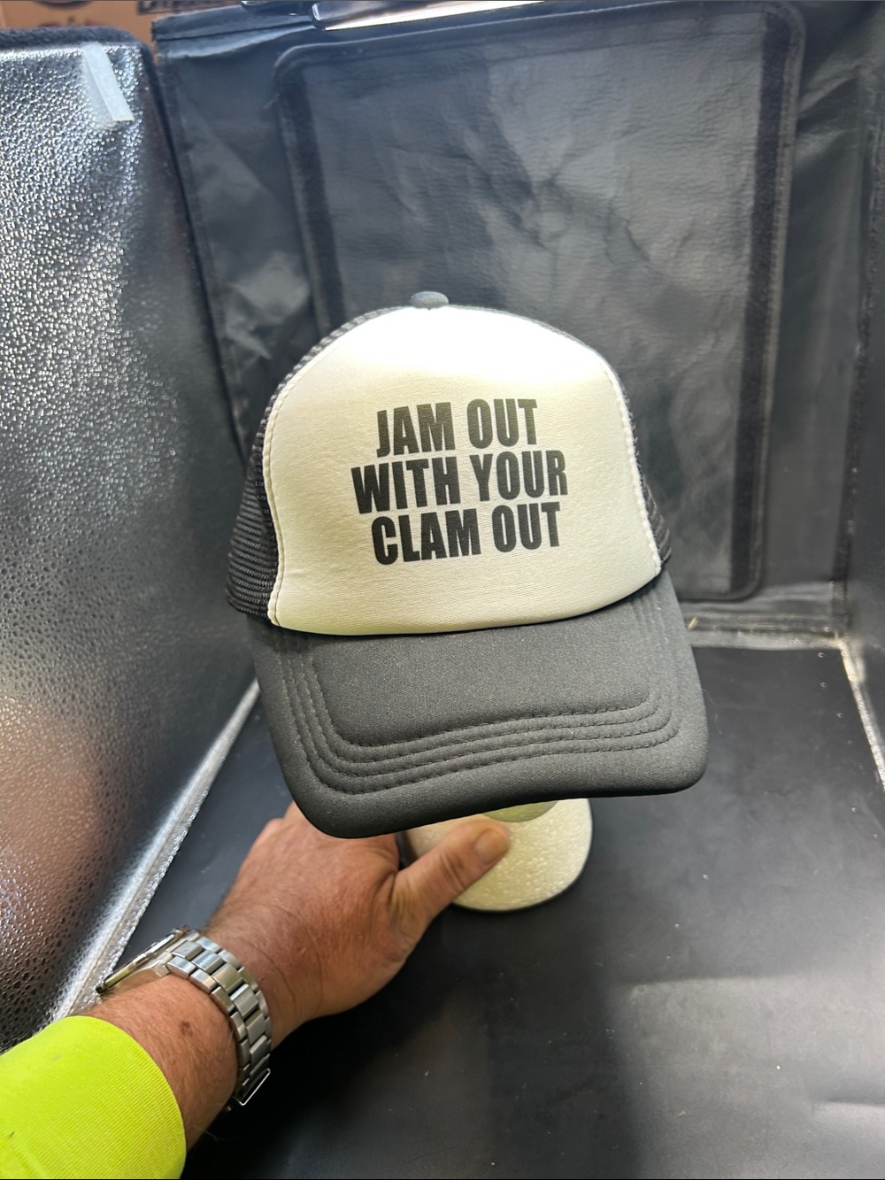 Black and White Trucker Hat with Bold Front Text